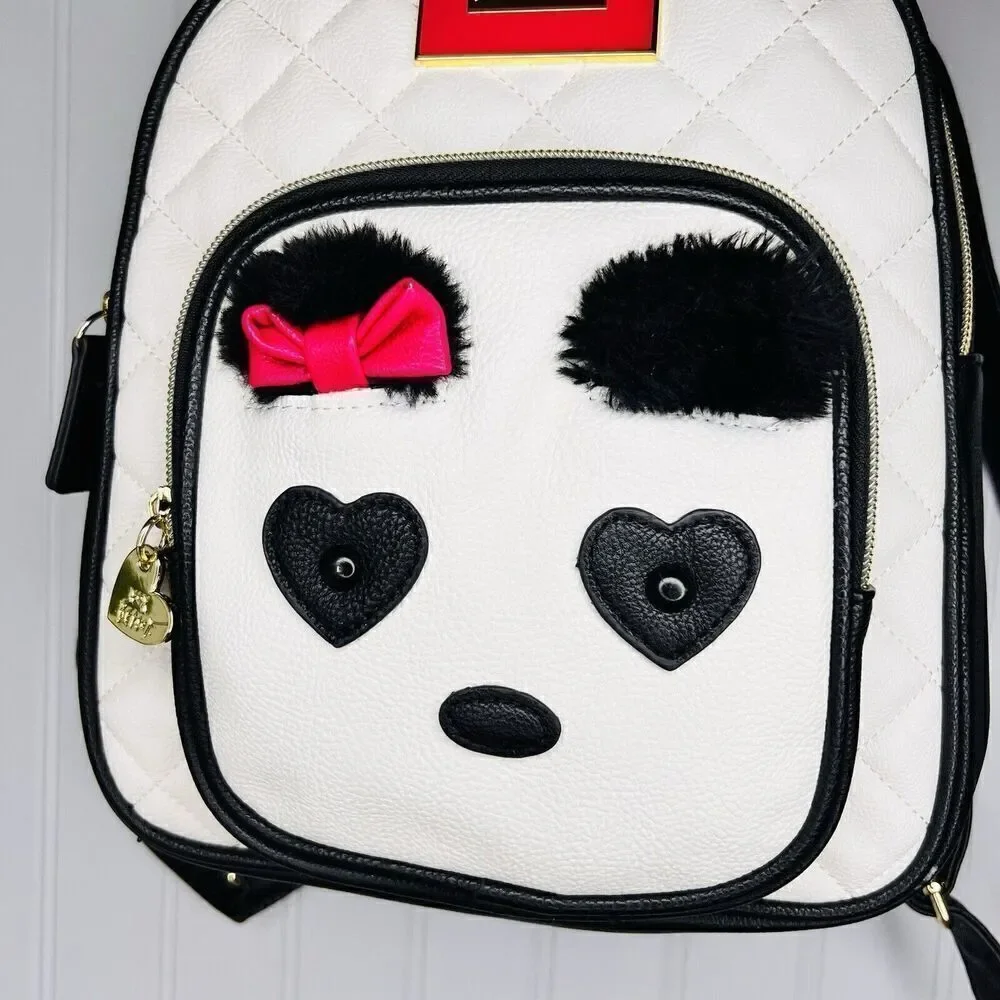Betsey Johnson Backpack Medium with Panda Face Furry Brows White Black Pink
